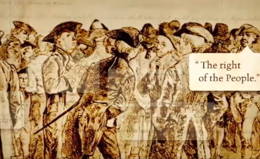 Group of men gathered around. Text says "The right of the People."