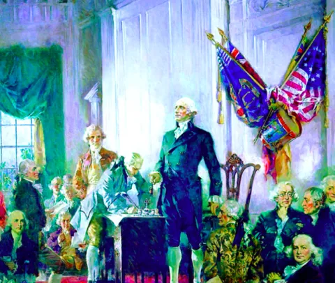 Founding father standing proudly in front of the U. S. flag.