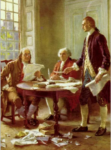 Founding fathers around table with shredded papers underneath. 