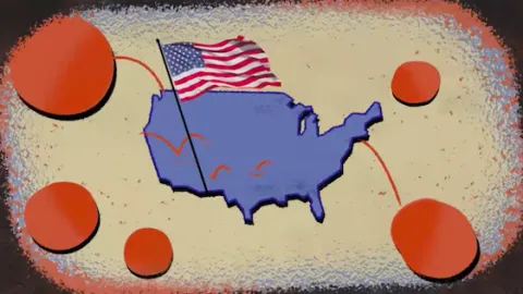 U. S. map with waving flag.