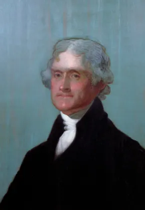 Portrait of Thomas Jefferson in a dark coat and white cravat, facing slightly left with a neutral background.