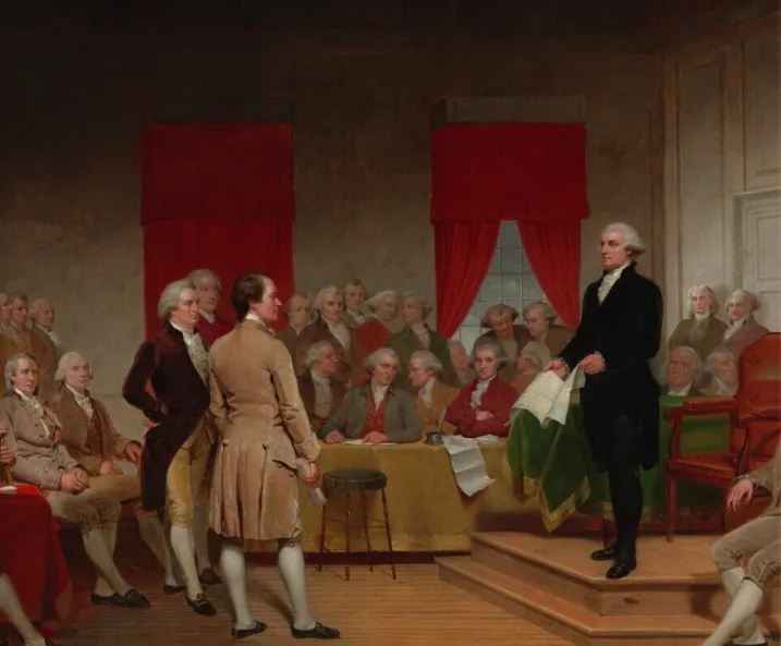 A historical painting showing George Washington presenting the U.S. Constitution to a group of delegates at the 1787 Constitutional Convention in Philadelphia.