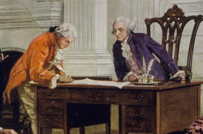 Reproduction of painting of George Washington, Benjamin Franklin and others signing the U.S. Constitution in Philadelphia, Pennsylvania.