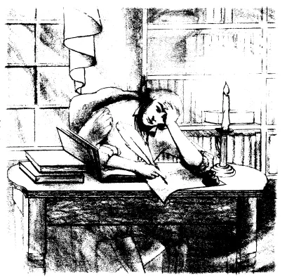 James Madison sitting at his desk thinking. 