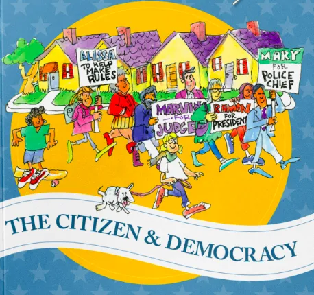 Cartoon-like illustration of children and adults walking together with signs like "Mary for Police Chief" or "Alissa to Help Make Rules"