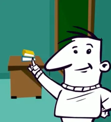 Cartoon-like illustration of a teacher pointing to a board. 