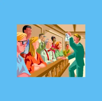 An illustration shows a lawyer presenting evidence to a diverse jury seated in a courtroom jury box.