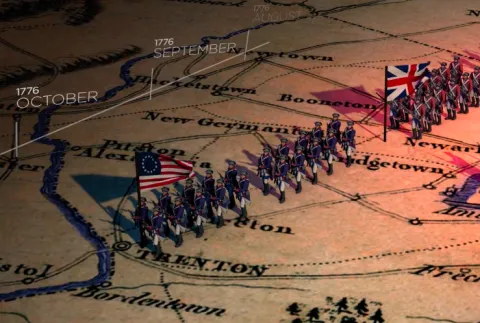 Illustration of troops on top of U. S. map. 