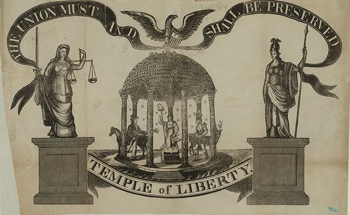 This patriotic and nationalistic allegorical woodcut, probably created for a banner or a similar type of display shows the figure of Liberty arising from an altar in a temple. The figure holds the Bill of Rights, a staff and a liberty cap. On the altar is inscribed Preserved by Concord. Above the temple an eagle holds a streamer with the slogan "The Union Must and Shall be Preserved."