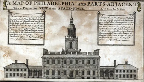 The first illustration of Philadelphia's State House, later called Independence Hall.