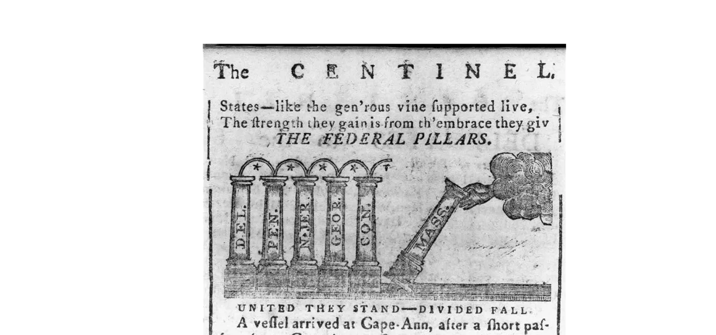 1788 political cartoon depicting five upright classical pillars representing ratified states, with a hand raising Massachusetts as the sixth pillar supporting the federal dome.