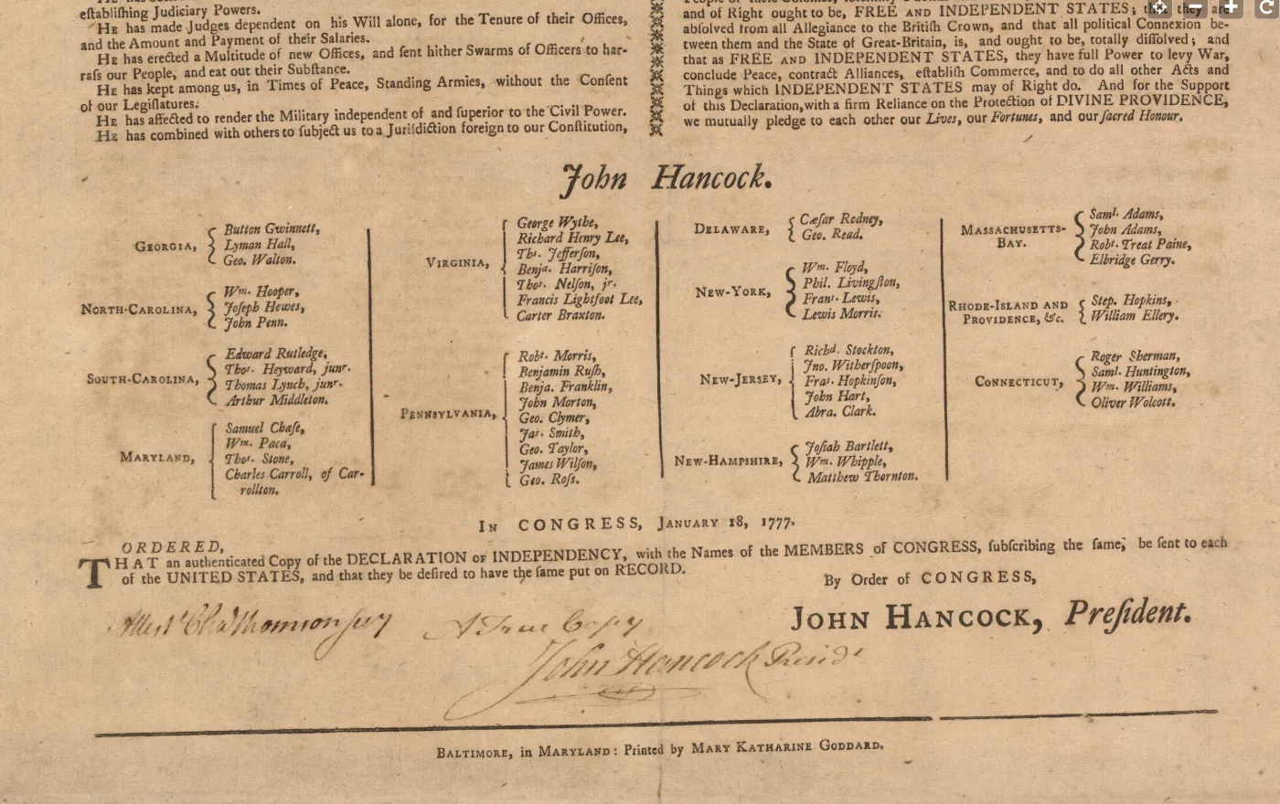 Printed page of the Declaration of Independence showing the names of the signers grouped by state, with Mary Katharine Goddard listed as the printer at the bottom.