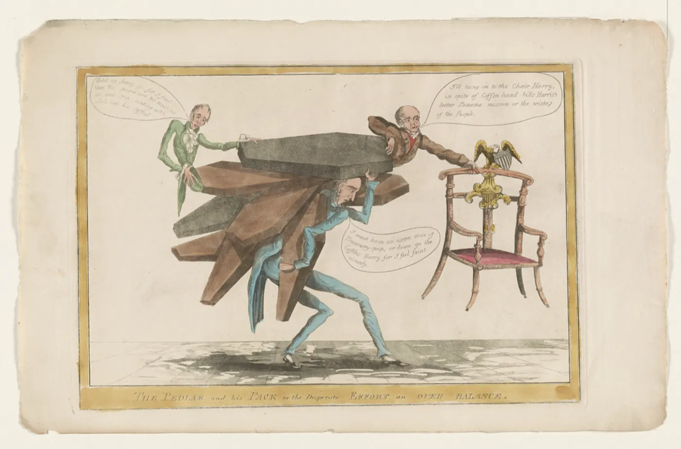 1828 political cartoon showing a man bent under a heavy stack of coffins while two political figures cling to the top and reach toward a presidential chair.