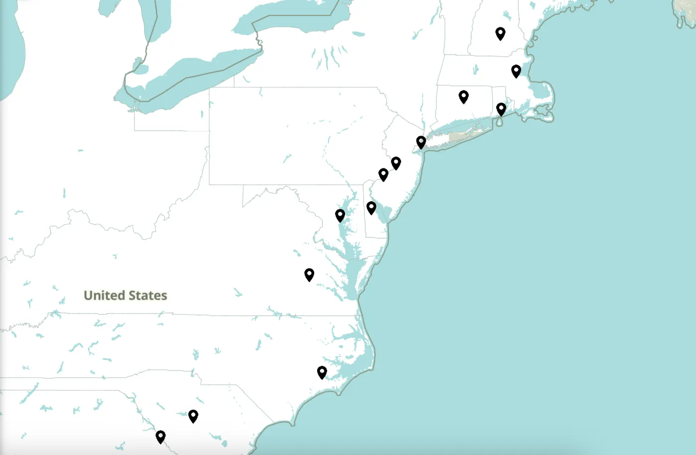 Map of the original thirteen states and their capitals with location pins marking delegate sites along the East Coast in 1787.