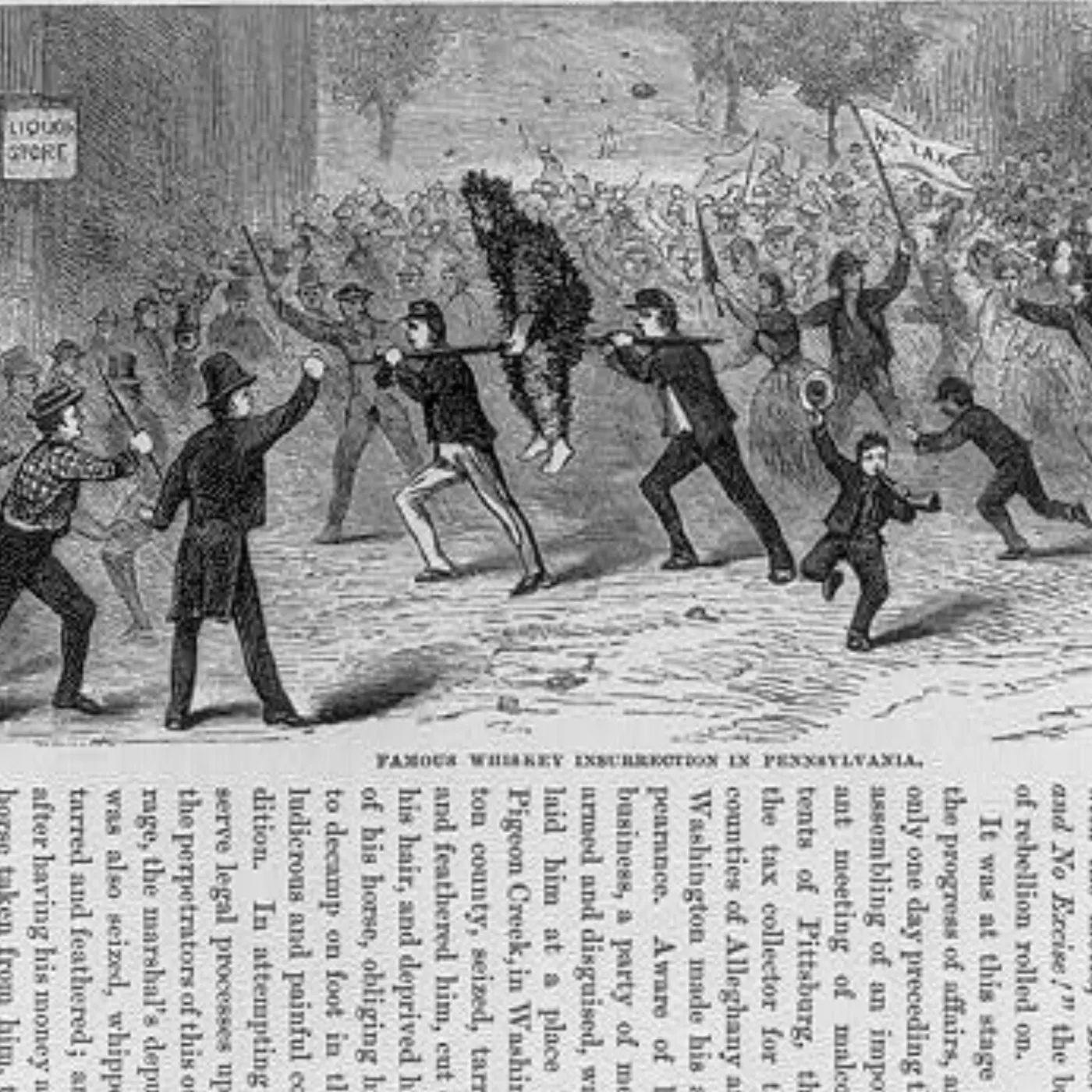 1794 illustration depicting a crowd parading a tarred-and-feathered tax collector on a rail during the Whiskey Rebellion in Pennsylvania.