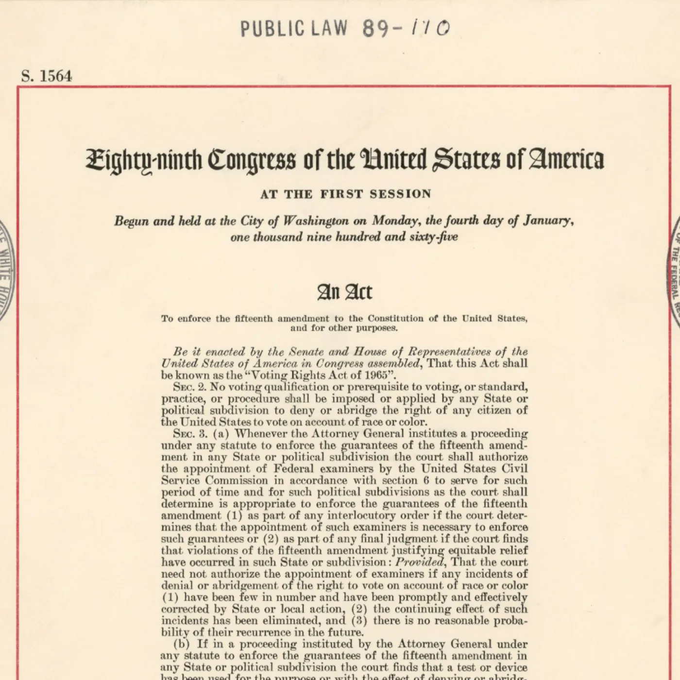 Photo of the first page of the Voting Rights Act of 1965.