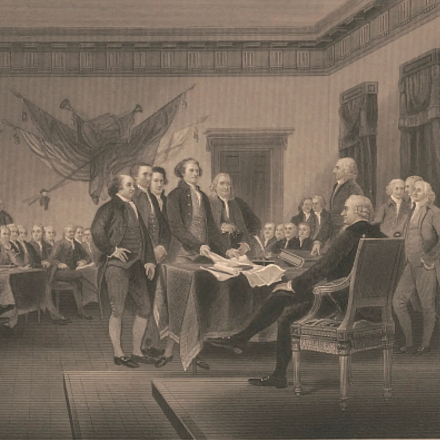 Engraving after John Trumbull’s painting showing the Committee of Five presenting the draft Declaration of Independence to John Hancock.