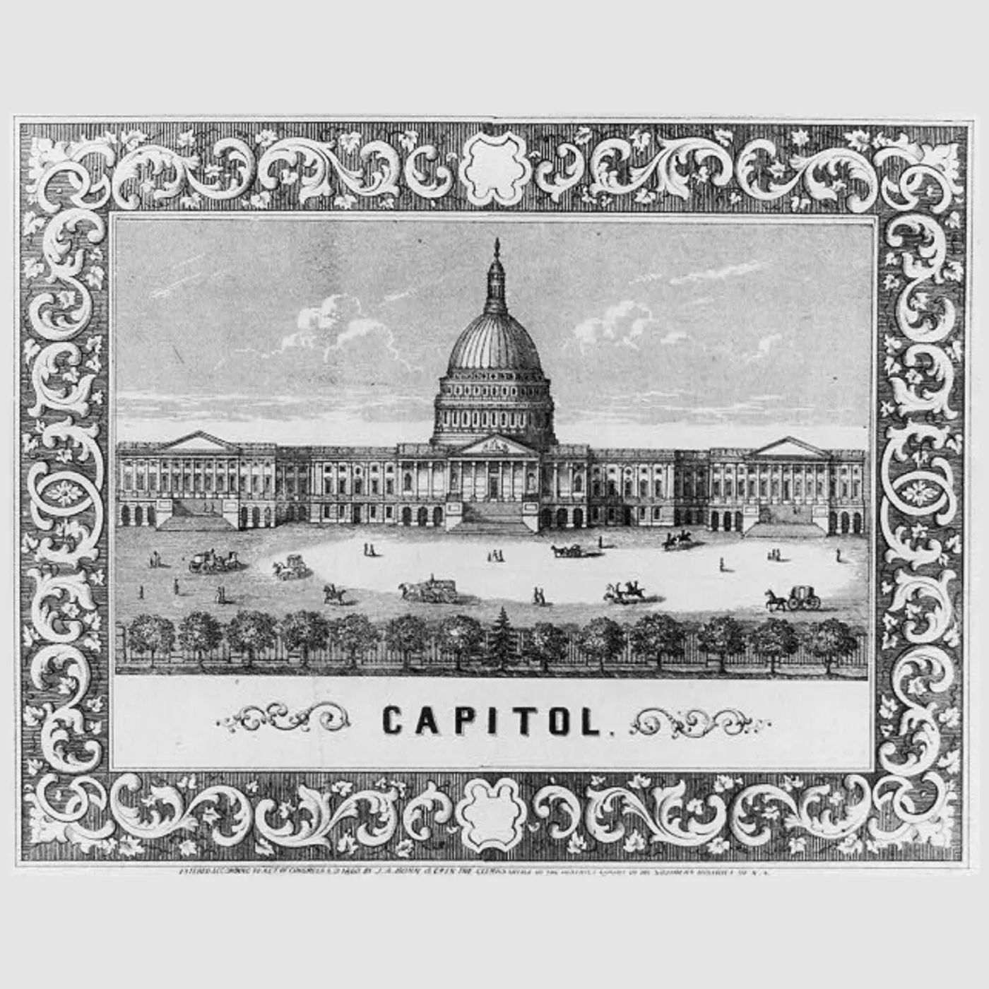 Photo of an 1860s drawing of the east front view of U.S. Capitol with ornamental border.